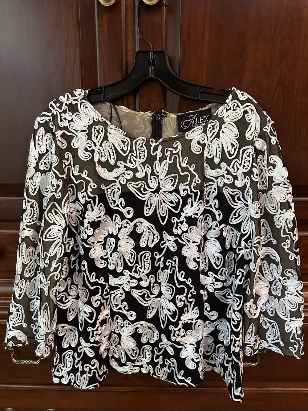 Alex Evenings Black Lace Overlay Floral Blouse - White Embroidery